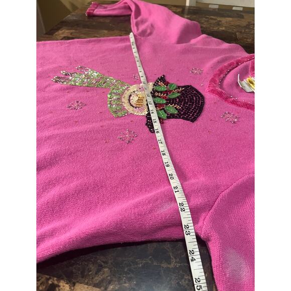 Quacker Factory pink V-neck Christmas sweater beaded and sequined snowman - Picture 9 of 10